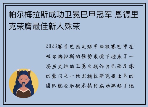 帕尔梅拉斯成功卫冕巴甲冠军 恩德里克荣膺最佳新人殊荣 帕尔梅拉斯成功卫冕巴甲冠军 恩德里克荣膺最佳新人殊荣