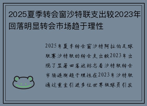 2025夏季转会窗沙特联支出较2023年回落明显转会市场趋于理性 2025夏季转会窗沙特联支出较2023年回落明显转会市场趋于理性